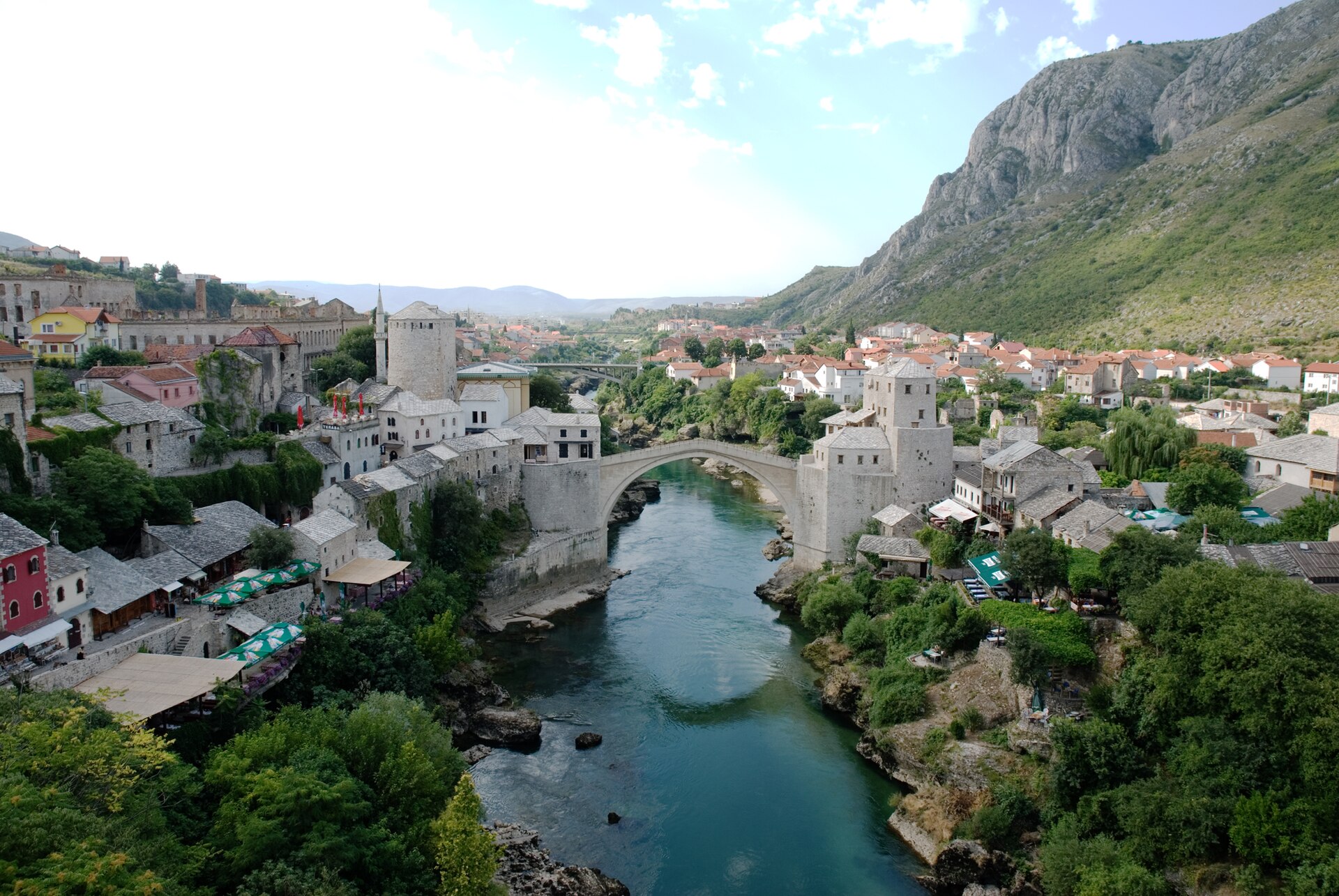 Panoramic view of Mostar Old Town and surrounding mountains