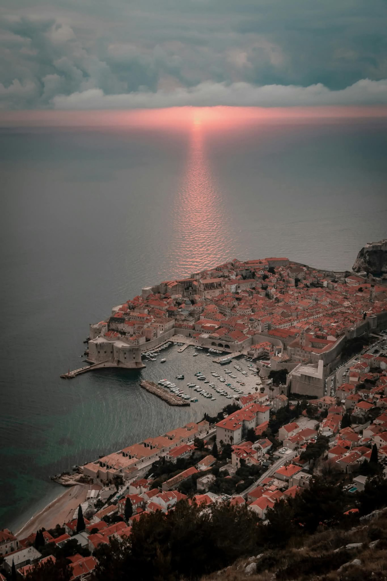 Golden sunset over Dubrovnik Old Town seen from Mount Srđ