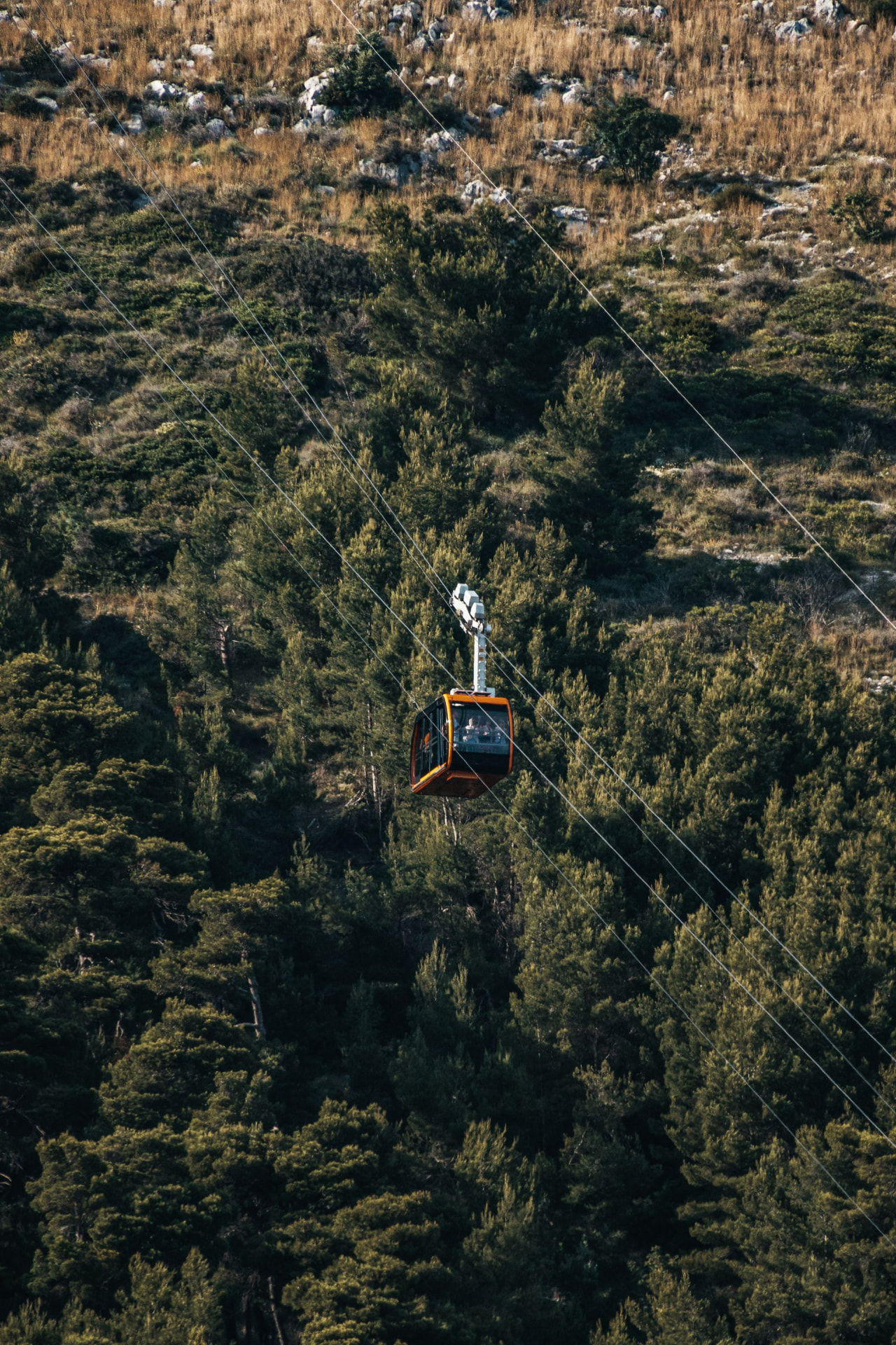 Cable car cabin rising over forested hillside on Mount Srđ