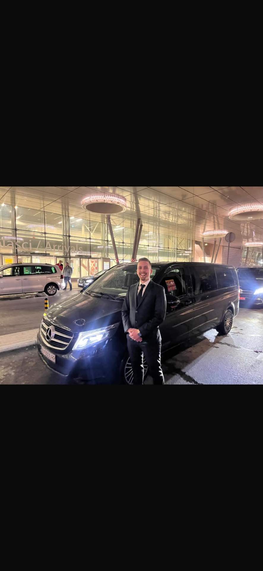 Ante with a Mercedes V-Class van for families and groups at Dubrovnik Airport arrivals