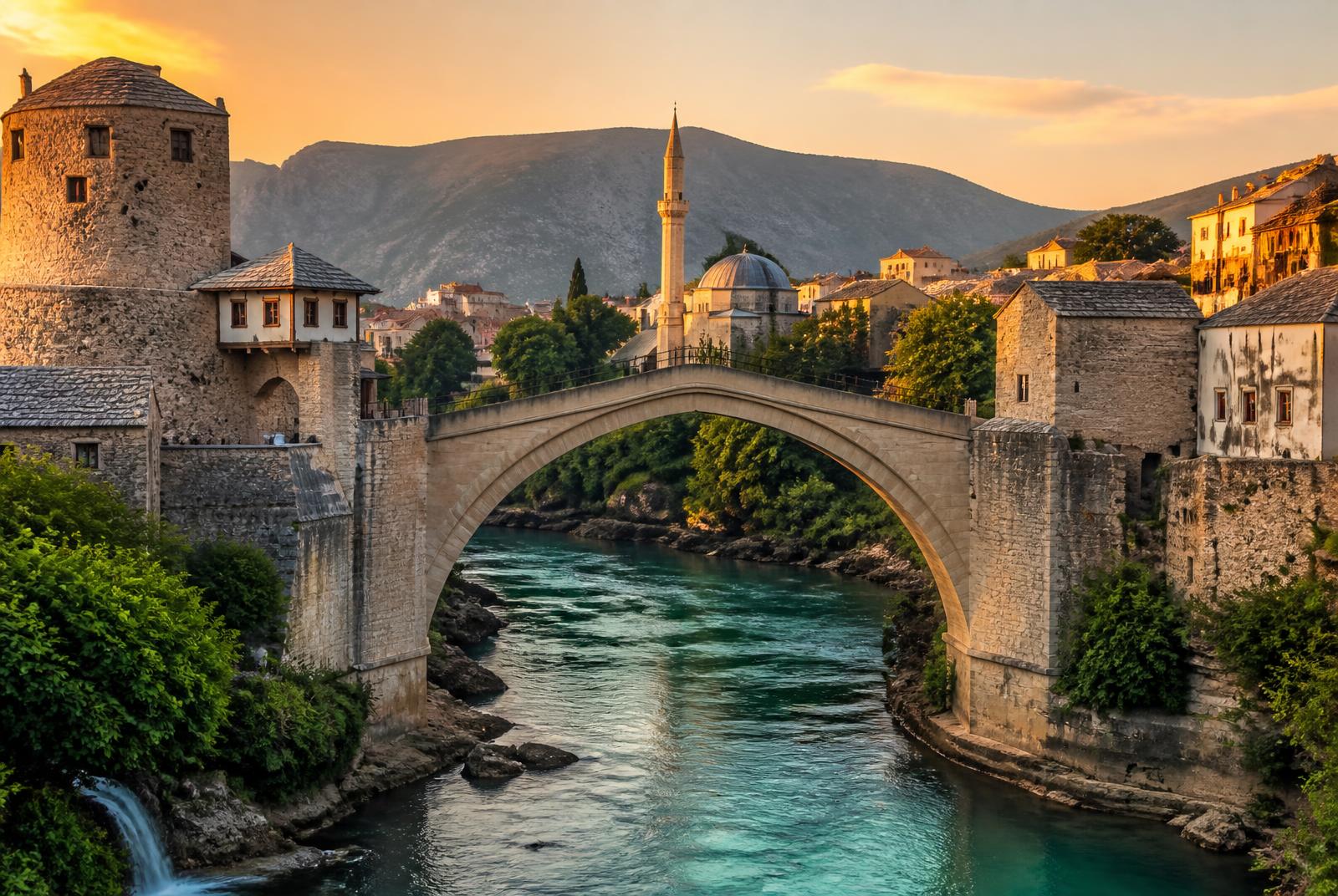 The Old Bridge of Mostar arching over the turquoise Neretva river at golden hour