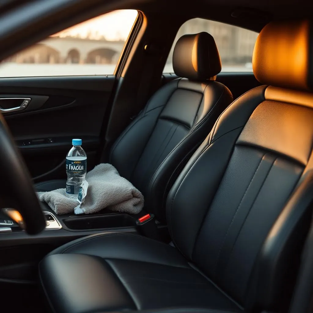 Premium sedan interior with bottled water and folded blanket