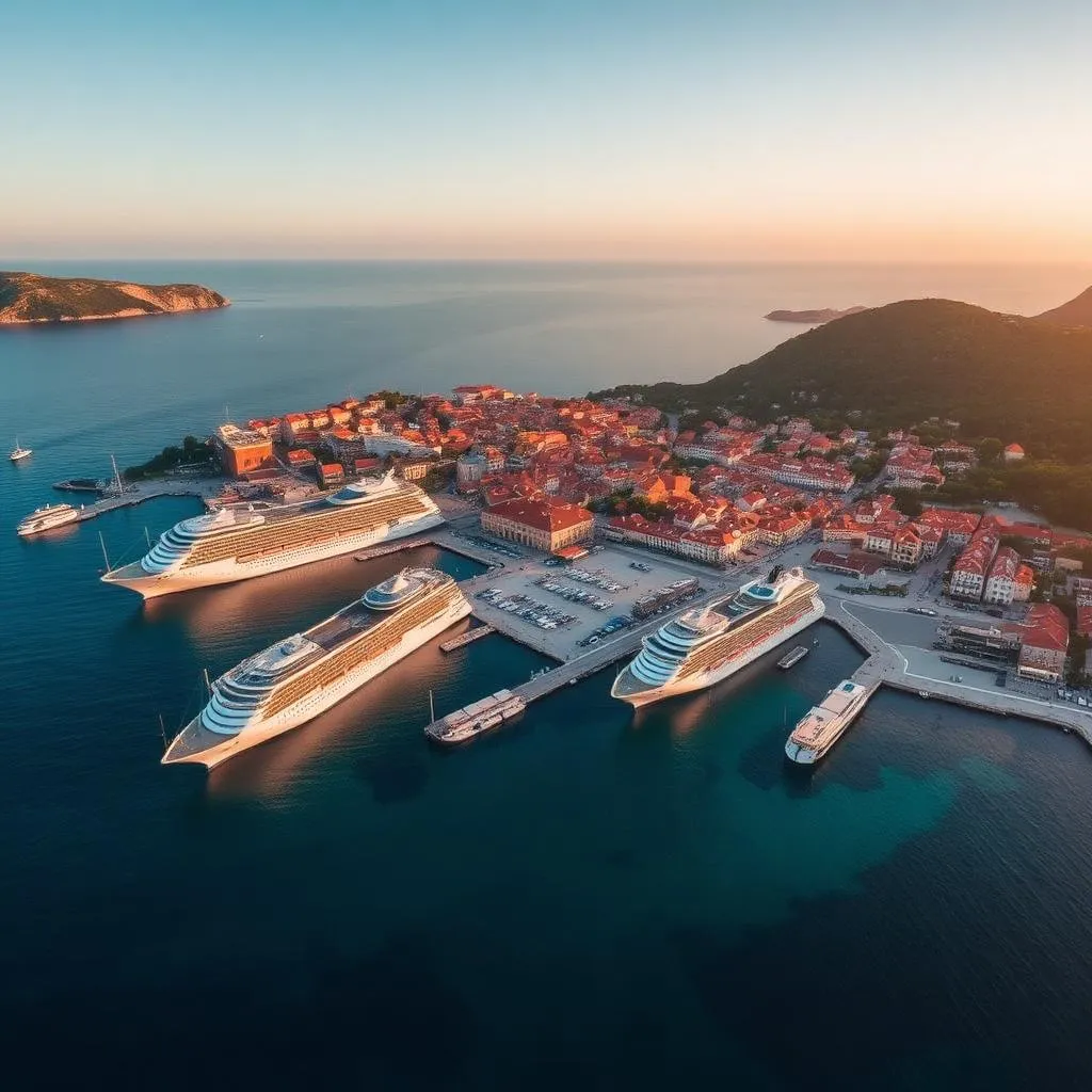 Aerial view of Dubrovnik's Gruž cruise port with docked cruise ships